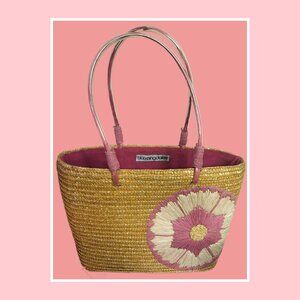Bloomingdale’s Woven Straw Tote Bag Pink Flower Accent